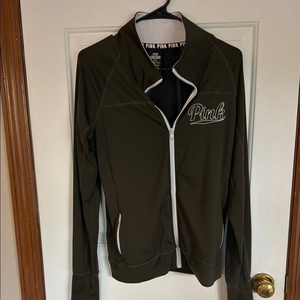 PINK Victoria's Secret Olive Green Zip-Up Bomber Jacket with White Trim